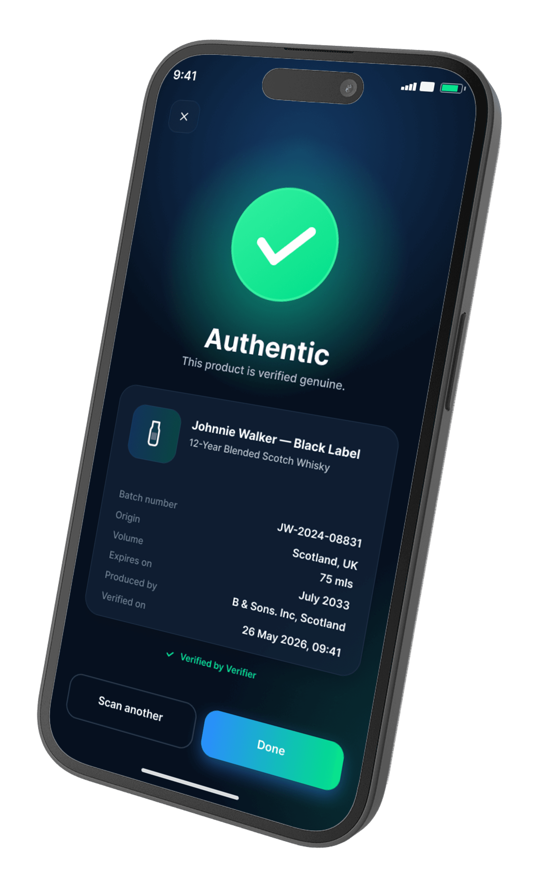 Verified authentic product screen